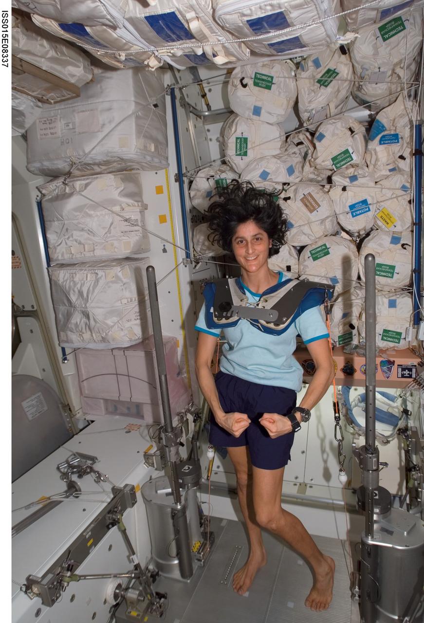 ISS015-E-08337 (6 May 2007) --- Astronaut Sunita L. Williams, Expedition 15 flight engineer, wearing squat harness pads, poses for a photo while using the Interim Resistive Exercise Device (IRED) equipment in the Unity node of the International Space Station.