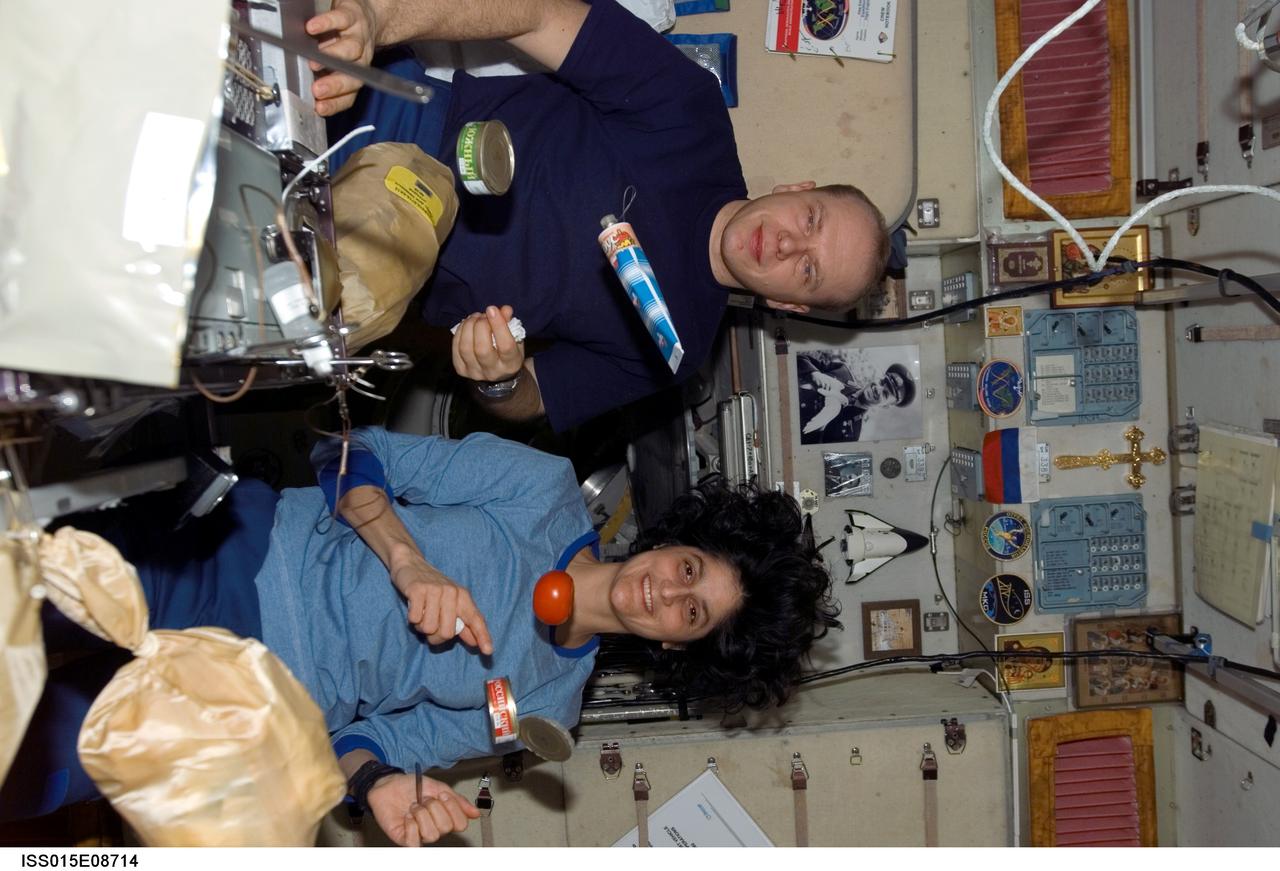 ISS015-E-08714 (15 May 2007) --- Cosmonaut Oleg V. Kotov, Expedition 15 flight engineer representing Russia's Federal Space Agency; and astronaut Sunita L. Williams, flight engineer, share a meal near the galley in the Zvezda Service Module of the International Space Station.