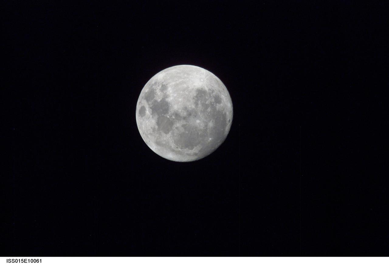 ISS015-E-10061 (30 May 2007) --- A nearly full moon is featured in this image photographed by an Expedition 15 crewmember on the International Space Station.