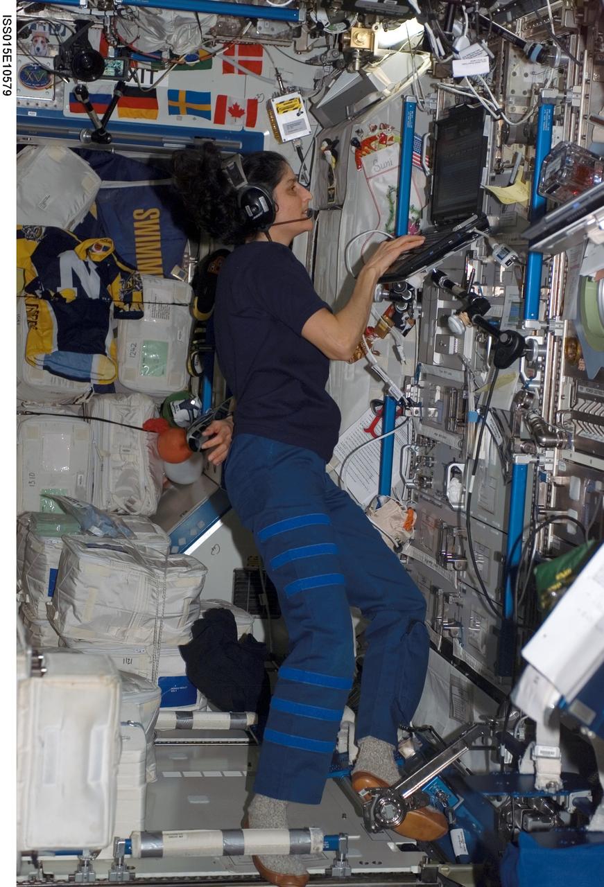 ISS015-E-10579 (1 June 2007) --- Astronaut Sunita L. Williams, Expedition 15 flight engineer, wears communication headgear while using a computer in the Destiny laboratory of the International Space Station.