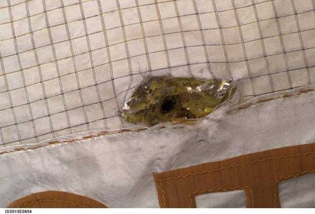 NASA image: Survey view of damage to a MLI Blanket on the exterior of the FGB taken during Expedition 15