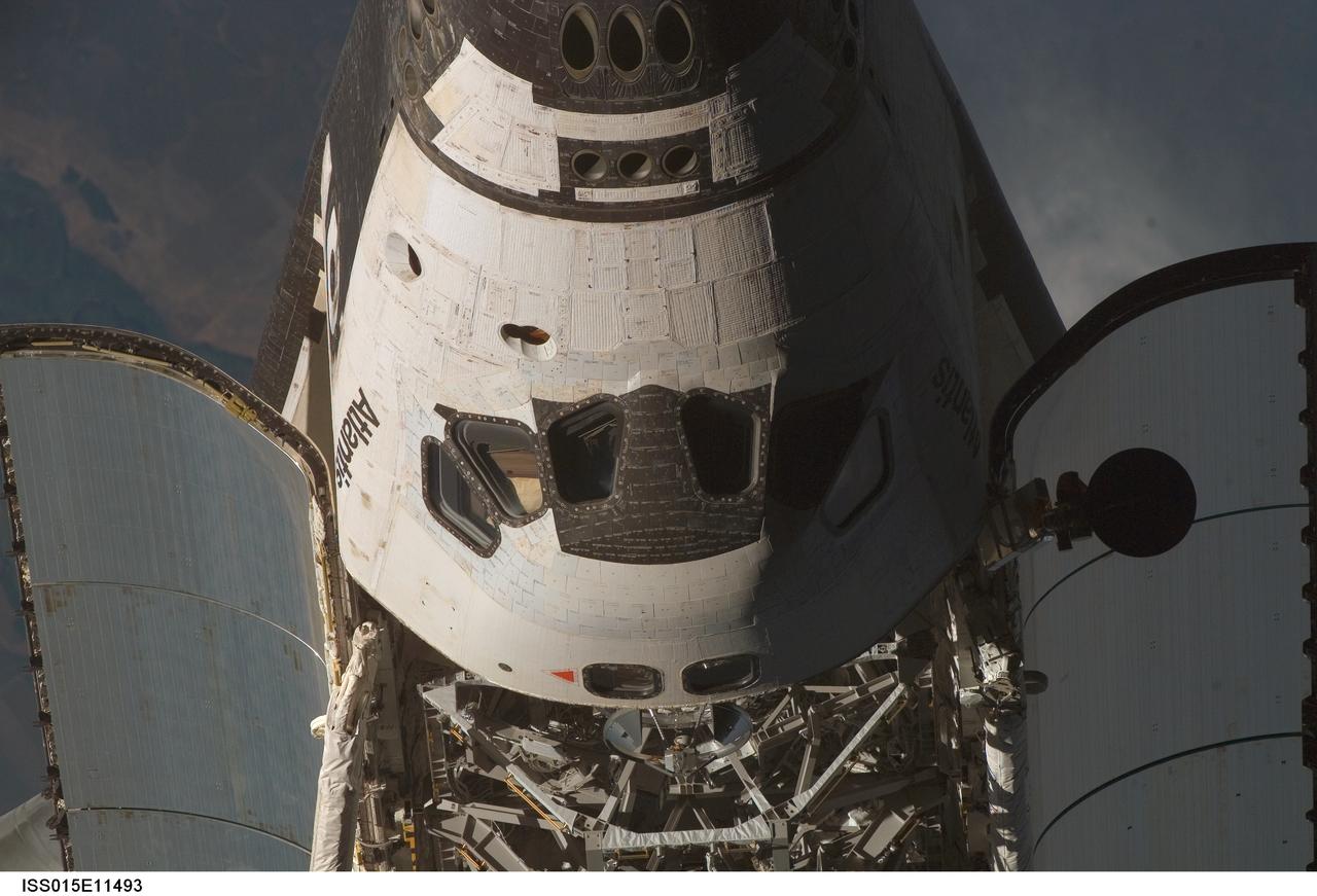 ISS015-E-11493 (10 June 2007) --- This view of part of the crew cabin and the forward portion of the cargo bay of Space Shuttle Atlantis was provided by an Expedition 15 crewmember during a back-flip performed for the RPM survey by the approaching STS-117 crew to the International Space Station. Distance from the station and shuttle at this time was approximately 600 feet.