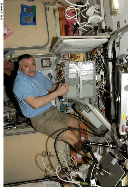 NASA image: View of Yurchikhin working on the Regul-OS System in the SM during Expedition 15