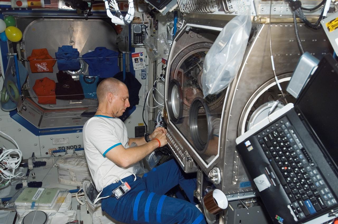 ISS015-E-14705 (28 June 2007) --- Astronaut Clayton C. Anderson, Expedition 15 flight engineer, works with the Microgravity Science Glovebox (MSG) in the Destiny laboratory of the International Space Station.