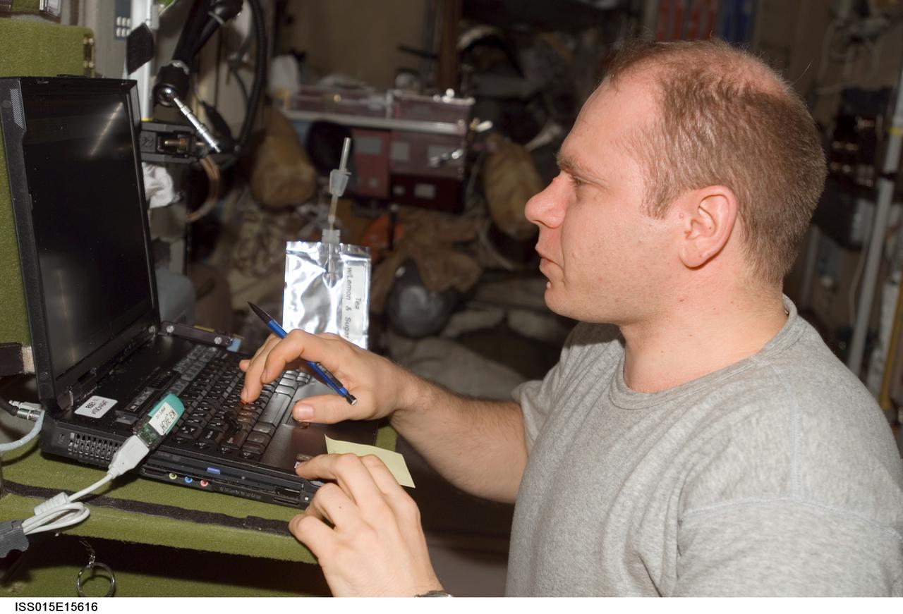 ISS015-E-15616 (1 July 2007) --- Cosmonaut Oleg V. Kotov, Expedition 15 flight engineer representing Russia's Federal Space Agency, uses a computer in the Zvezda Service Module of the International Space Station.