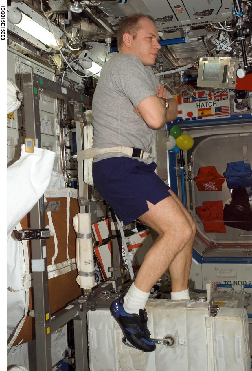 ISS015-E-15690 (2 July 2007) --- Cosmonaut Oleg V. Kotov, Expedition 15 flight engineer representing Russia's Federal Space Agency, exercises on the Cycle Ergometer with Vibration Isolation System (CEVIS) in the Destiny laboratory of the International Space Station.
