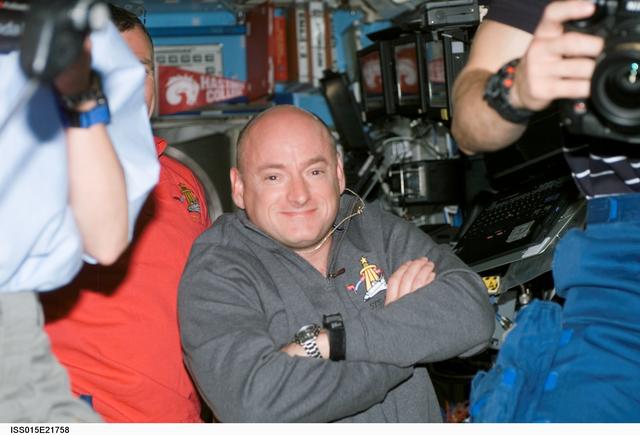 NASA image: Expedition 15 and STS-118 Crewmembers meeting in the US Lab