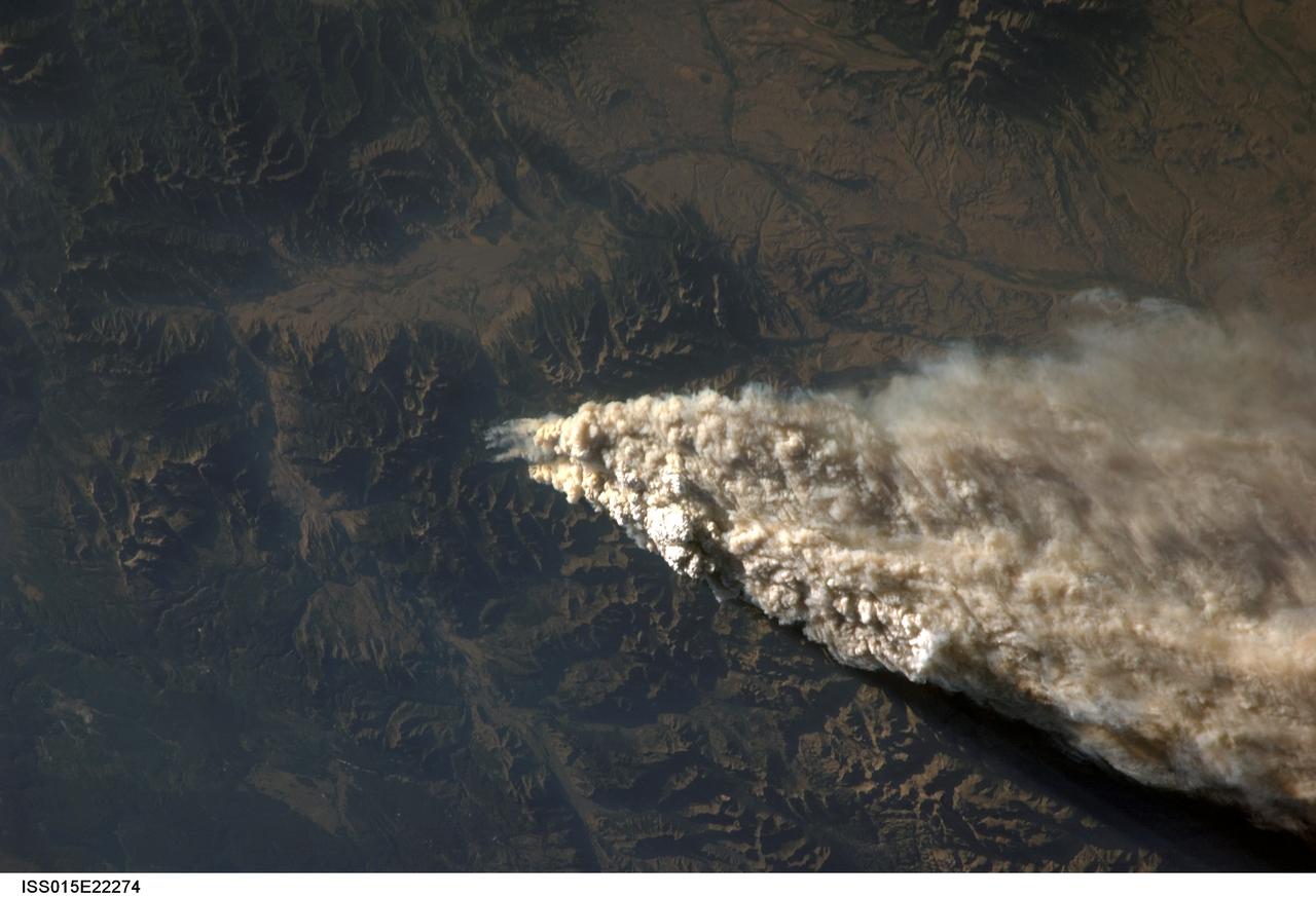 ISS015-E-22274 (13 Aug. 2007) --- Smoke plumes from a forest fire in the Gallatin National Forest, Montana is featured in this image photographed by an Expedition 15 crewmember on the International Space Station while Space Shuttle Endeavour (STS-118) was docked with the station.