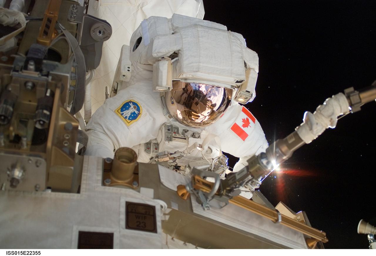 ISS015-E-22355 (13 Aug. 2007) --- Astronaut Dave Williams, STS-118 mission specialist representing the Canadian Space Agency, participates in the mission's second planned session of extravehicular activity (EVA) as construction and maintenance continue on the International Space Station. During the 6-hour, 28-minute spacewalk Williams and astronaut Rick Mastracchio (out of frame), mission specialist, removed a faulty control moment gyroscope (CMG-3) and installed a new CMG into the station's Z1 truss. The failed CMG will remain at its temporary stowage location on the station's exterior until it is returned to Earth on a later shuttle mission. The new gyroscope is one of four CMGs that are used to control the station's attitude in orbit.