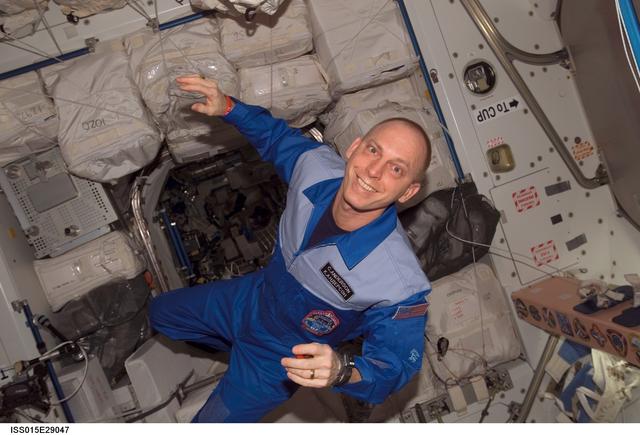 NASA image: View of Anderson posing for a photo in the Node 1 during Expedition 15