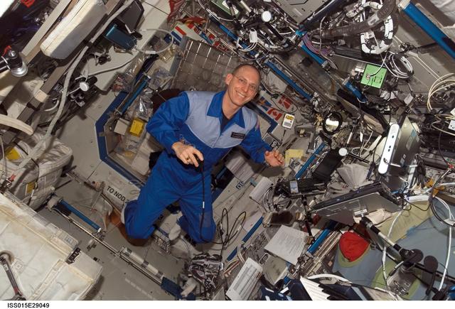 NASA image: View of Anderson during a private conference via S and Ku Band Receiver in the US Lab during Expedition 15