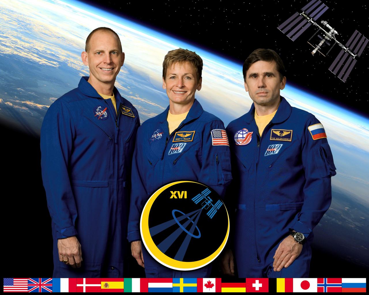 ISS016-S-002B (June 2007) --- This crew portrait shows astronaut Peggy Whitson, Expedition 16 commander, with Russia Federal Space Agency's cosmonaut Yuri Malenchenko (right), flight engineer and Soyuz commander; and astronaut Clay Anderson, flight engineer, who arrived on the station in June. Whitson and Malenchenko, two veterans of previous International Space Station flights, are scheduled to launch to the complex in the Soyuz TMA-11 spacecraft from the Baikonur Cosmodrome in Kazakhstan in October for a six-month mission. Anderson will be replaced in October by astronaut Dan Tani of NASA.