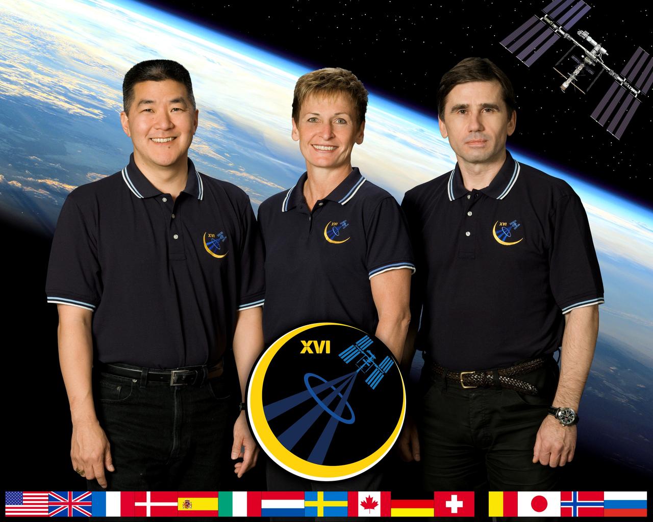 ISS016-S-002C (June 2007) --- This crew portrait shows astronaut Peggy Whitson, expedition 16 commander, with Russia's Federal Space Agency cosmonaut Yuri Malenchenko (right), flight engineer and Soyuz commander; and astronaut Dan Tani, flight engineer, who will arrive on the station in October to replace Clay Anderson. Anderson will have been aboard since June. Whitson and Malenchenko, two veterans of previous International Space Station flights, are scheduled to launch to the complex in the Soyuz TMA-11 spacecraft from the Baikonur Cosmodrome in Kazakhstan in October for a six-month mission.