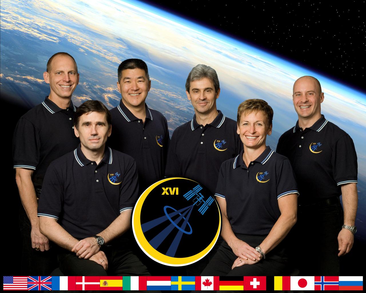 ISS016-S-002F (June 2007) --- This crew portrait shows the variety of crewmembers who will occupy the International Space Station during Expedition 16. Astronaut Peggy Whitson (front row, right), station commander; and Russia's Federal Space Agency cosmonaut Yuri Malenchenko (front row, left), flight engineer and Soyuz commander, will join NASA astronaut Clay Anderson (back row, left), flight engineer, in October after launching from the Baikonur Cosmodrome in Kazakhstan on the Soyuz TMA-11 spacecraft. Anderson will be replaced in October by astronaut Dan Tani (back row, second from left), flight engineer, who will yield his place in December to Leopold Eyharts of the European Space Agency (back row, third from left). Eyharts will be replaced in February 2008 by astronaut Garrett Reisman (back row, far right), flight engineer.