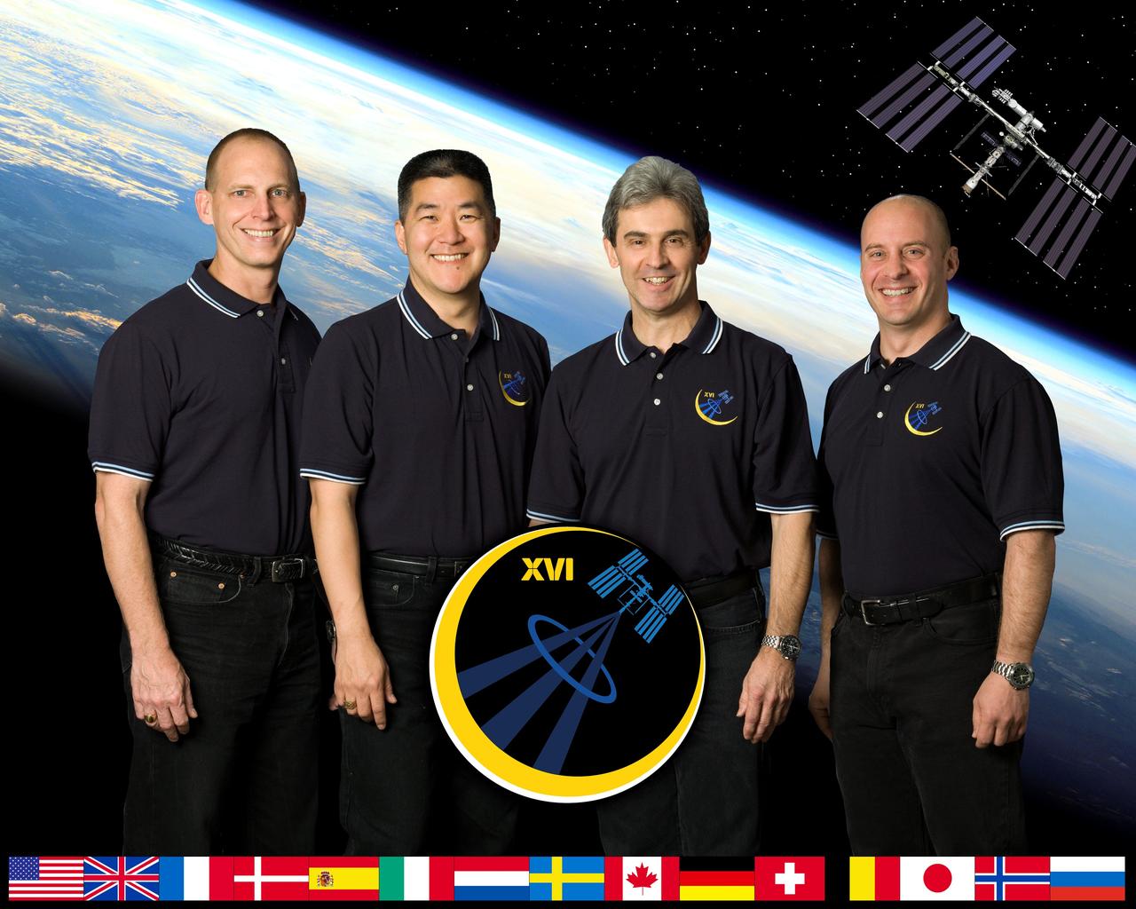ISS016-S-002G (June 2007) --- This crew portrait shows the variety of crewmembers who will be part of Expedition 16 aboard the International Space Station. Astronaut Clay Anderson (left), flight engineer, arrived at the ISS in June and will be replaced in October by astronaut Dan Tani (second from left), who will yield his place in December to Leopold Eyharts of the European Space Agency (third from left). Eyharts will be replaced in February 2008 by astronaut Garrett Reisman (far right). Peggy Whitson, Expedition 16 commander, and Russia's Federal Space Agency cosmonaut Yuri Malenchenko (not pictured), flight engineer and Soyuz commander, will launch in the Soyuz TMA-11 spacecraft from the Baikonur Cosmodrome in Kazakhstan in October to begin their six-month increment on the complex.