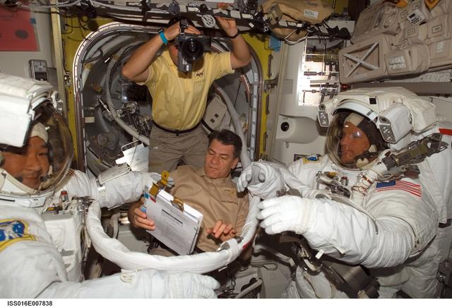 NASA image: Tani, Wheelock, Nespoli and Parazynski in the A/L prior to EVA 2