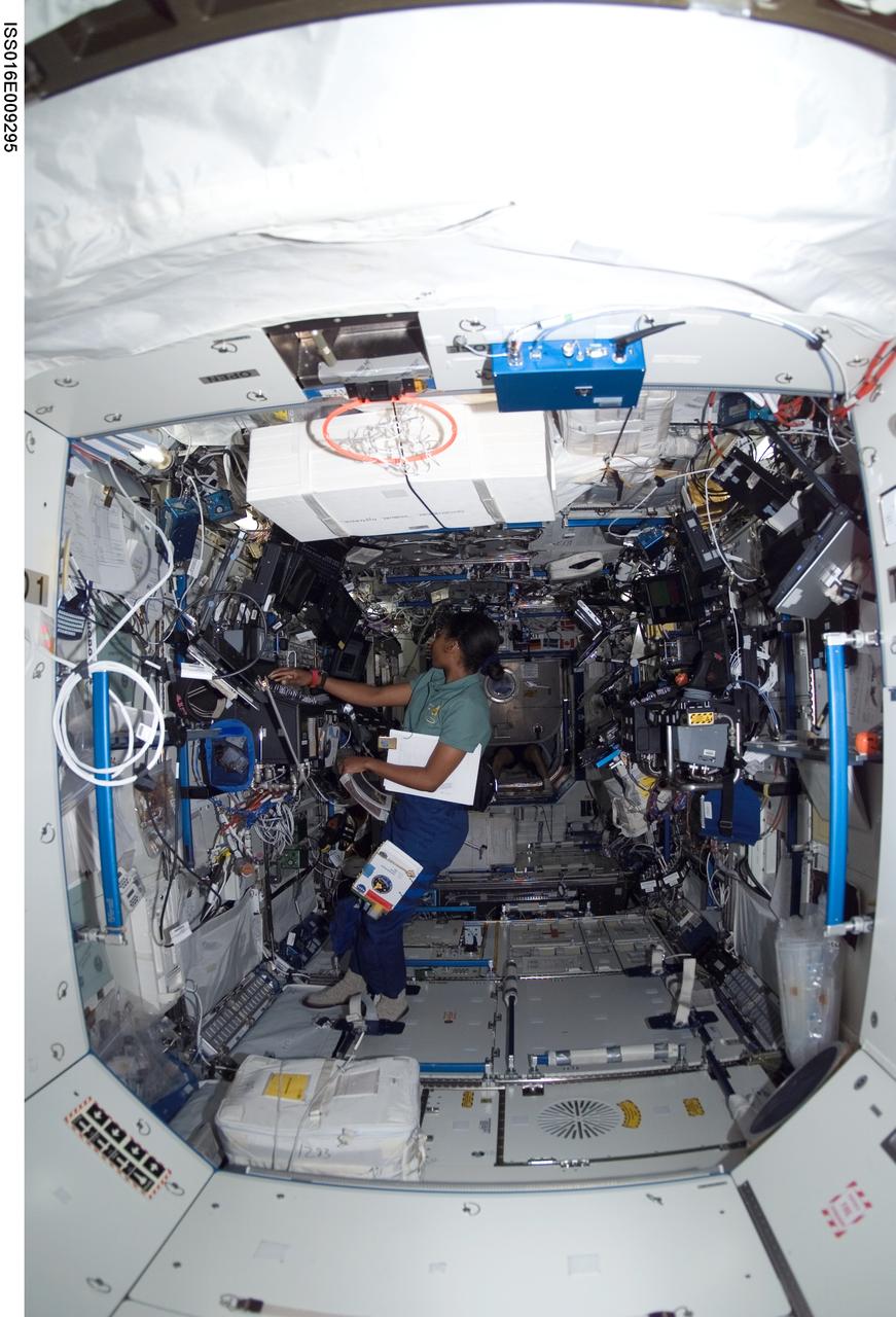 ISS016-E-009295 (3 Nov. 2007) --- Astronaut Stephanie Wilson, STS-120 mission specialist, works the controls of the Space Station Remote Manipulator System (SSRMS) or Canadarm2 in the Destiny laboratory of the International Space Station during flight day 12 activities while Space Shuttle Discovery is docked with the station.