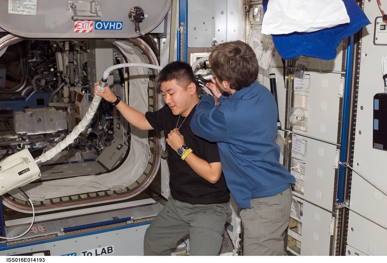 ISS016-E-014193 (1 Dec. 2007) --- Astronaut Peggy A. Whitson, Expedition 16 commander, trims astronaut Daniel Tani's hair in the Harmony node of the International Space Station. Whitson used hair clippers fashioned with a vacuum device to garner freshly cut hair.