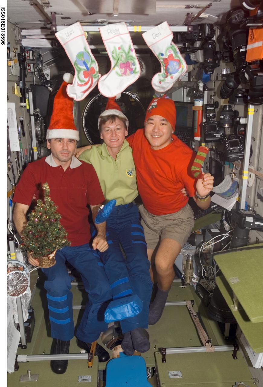 ISS016-E-018596 (25 Dec. 2007) --- The Expedition 16 crewmembers pose for a Christmas photo in the Zvezda Service Module of the International Space Station. From the left are cosmonaut Yuri I. Malenchenko, flight engineer representing Russia's Federal Space Agency; NASA astronauts Peggy A. Whitson, commander; and Daniel Tani, flight engineer.