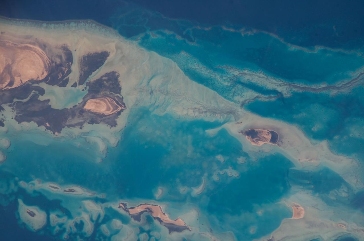 ISS016-E-019394 (30 Dec. 2007) --- Al Wadj Bank, Saudi Arabia is featured in this image photographed by an Expedition 16 crewmember on the International Space Station. Saudi Arabia boasts the most coral reefs of any Middle Eastern country, as it includes coastline along both the Red Sea and Gulf of Arabia. This high resolution image depicts a portion of the Al Wadj Bank, located along the northern Red Sea coast. Despite the relatively high salinity of Red Sea water (compared to other oceans), approximately 260 species of coral are found here, according to scientists. Large tracts of the Saudi Arabian coastline are undeveloped, and reefs in these areas are in generally good ecological health. However, reefs located near large urban centers like Jeddeh have suffered degradation due to land reclamation, pollution, and increased terrigeneous sediment input. The Al Wadj Bank includes a healthy and diverse reef system, extensive seagrass beds, and perhaps the largest population of dugong -- a marine mammal similar to the North American manatee -- in the eastern Red Sea.  The portion of the Bank in this image illustrates the complex form and topography of the reef system. Several emergent islands (tan) - surrounded primarily by dark green seagrass - are visible, the largest located at top left. Only the islands are above the waterline -- over the reef structures the water color ranges from light teal (shallow) to turquoise (increasing depth). The southern edge of the reef is well indicated by the deep, dark blue water of the Red Sea at image top.