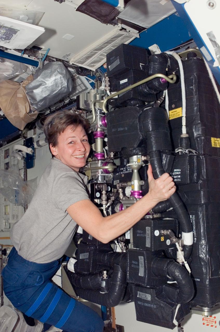 ISS016-E-020614 (3 Jan. 2008) --- Astronaut Peggy A. Whitson, Expedition 16 commander, performs in-flight maintenance (IFM) on a Carbon Dioxide Removal Assembly (CDRA) in the Destiny laboratory of the International Space Station.