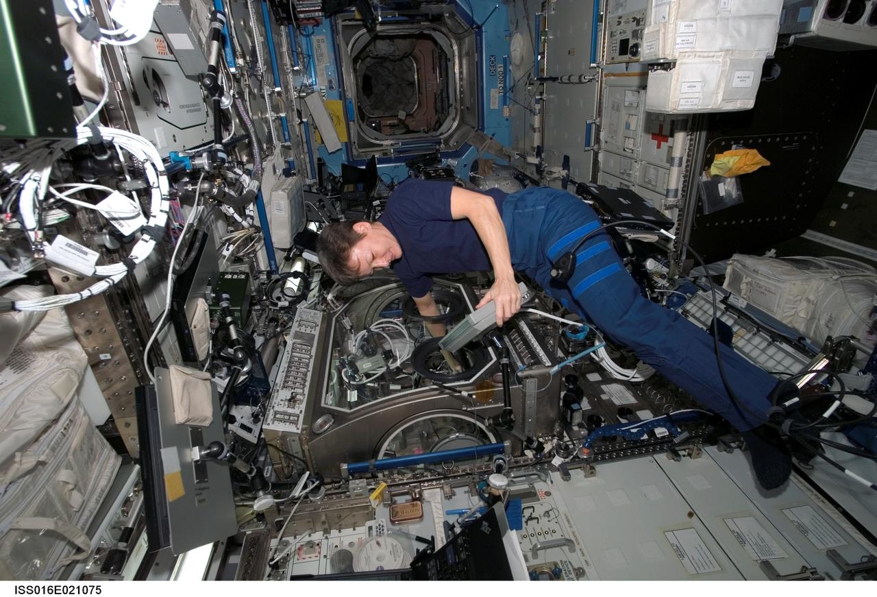 ISS016-E-021075 (5 Jan. 2008) --- Astronaut Peggy A. Whitson, Expedition 16 commander, works at the Microgravity Science Glovebox (MSG) in the Destiny laboratory of the International Space Station.