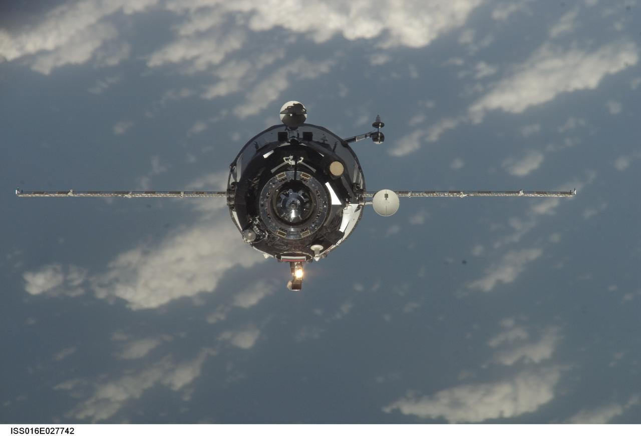ISS016-E-027742 (7 Feb. 2008) --- Backdropped by a blue and white Earth, an unpiloted Progress supply vehicle approaches the International Space Station. Progress 28 resupply craft launched at 7:03 a.m. (CST) on Feb. 5, 2008 from the Baikonur Cosmodrome in Kazakhstan to deliver more than 2.5 tons of food, fuel, oxygen and other supplies to the Expedition 16 crewmembers onboard the station. Progress automatically docked to the Pirs Docking Compartment at 8:30 a.m. (CST) on Feb. 7.
