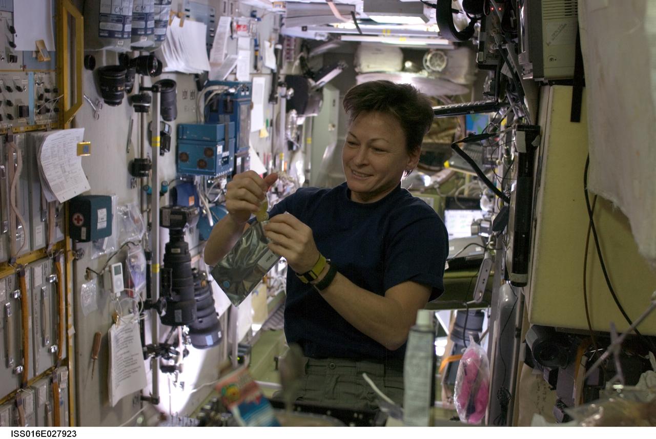 ISS016-E-027923 (1 Feb. 2008) --- Astronaut Peggy Whitson, Expedition 16 commander, prepares a beverage in the Zvezda Service Module of the International Space Station.