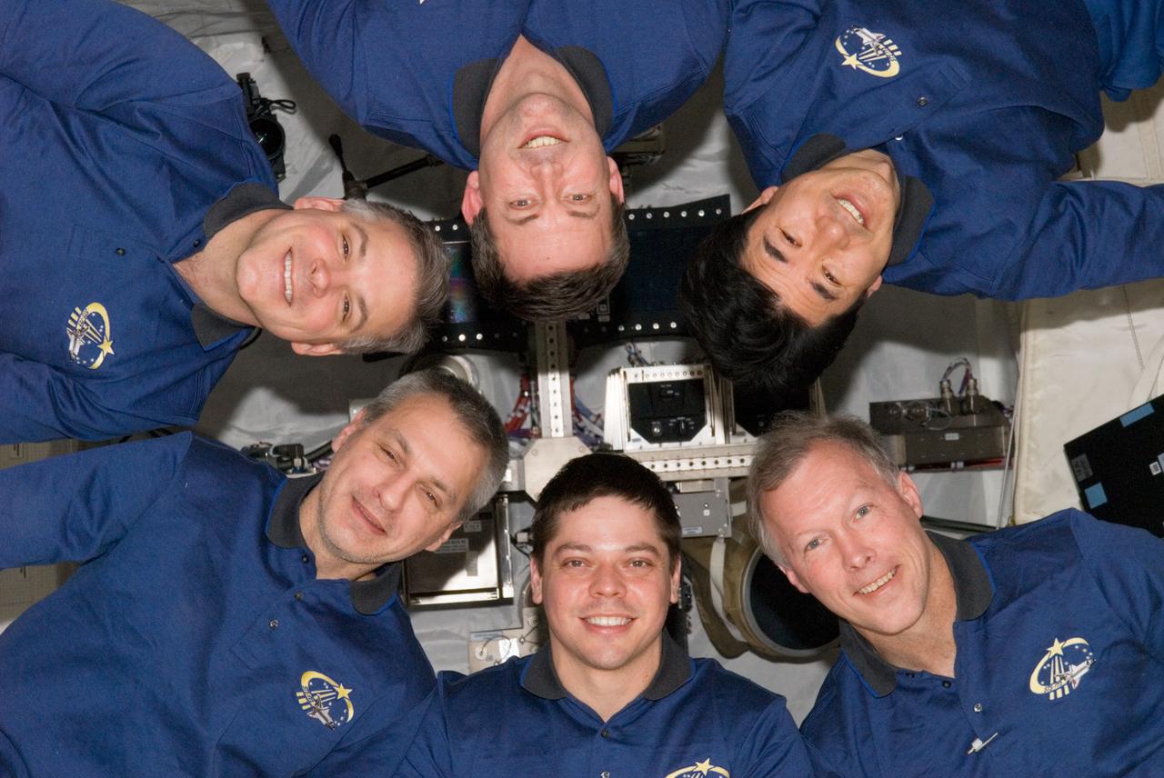 ISS016-E-033689 (24 March 2008) --- The STS-123 crew used part of its last full day onboard the International Space Station posing for some in-space crew portraits. These six astronauts launched aboard the Space Shuttle Endeavour on March 11 and are scheduled to return aboard it on March 26.  Clockwise from the lower right corner are astronauts Dominic Gorie, commander; Robert L. Behnken and Rick Linnehan, both mission specialists; Gregory H. Johnson, pilot; and Mike Foreman and JAXA's Takao Doi, both mission specialists.