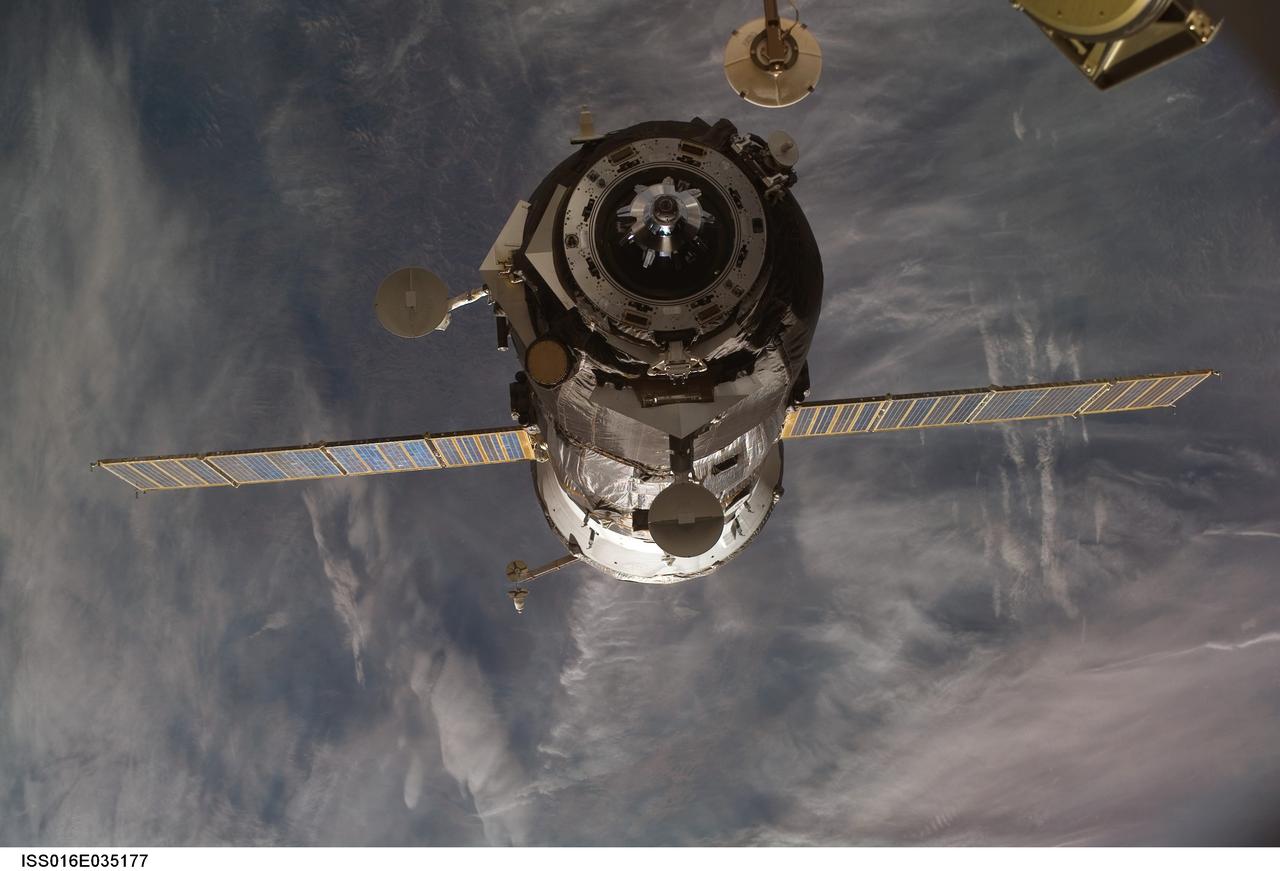 ISS016-E-035177 (7 April 2008) --- An unpiloted Progress 28 resupply vehicle departs from the Pirs Docking Compartment of the International Space Station at 4:50 a.m. (EDT) on Monday, April 7, 2008, and headed into its deorbit and destructive re-entry into Earth's atmosphere over the Pacific Ocean. The Progress, which has been attached to the station since February, had been loaded with trash and discards before its departure. The undocking clears the way for the arrival Thursday of the Soyuz TMA-12 spacecraft carrying the Expedition 17 crew and a South Korean spaceflight participant.