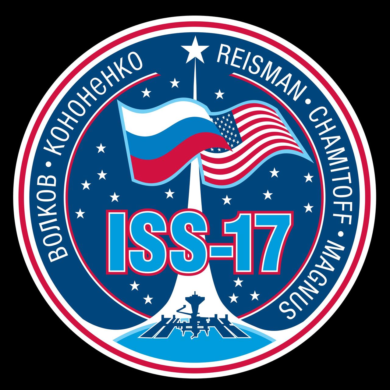 ISS017-S-001B (Oct. 2007) --- The Expedition 17 patch is meant to celebrate current human achievements in space as well as symbolize the future potential for continuing exploration.  The Earth, represented at the bottom of the patch, is the base from which all space exploration activities initiate.  The International Space Station (ISS), shown in low Earth orbit, illustrates the current level of space operations.  The arrow and star point outwards, away from the Earth, towards the wider universe indicating the direction of future activities as human beings build on what has already been accomplished.  The flags, representing the home countries of the crew members, Russia and the United States, are touching, highlighting the cooperative nature of the space program and symbolizing the merger of science and technical knowledge of these two experienced space-faring nations.    The NASA insignia design for space station flights is reserved for use by the astronauts and for other official use as the NASA Administrator may authorize. Public availability has been approved only in the form of illustrations by the various news media. When and if there is any change in this policy, which is not anticipated, it will be publicly announced.