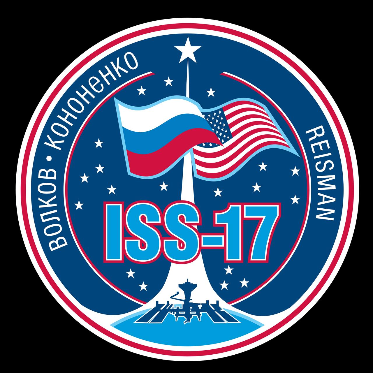 ISS017-S-001D (Oct. 2007) --- The Expedition 17 patch is meant to celebrate current human achievements in space as well as symbolize the future potential for continuing exploration.  The Earth, represented at the bottom of the patch, is the base from which all space exploration activities initiate.  The International Space Station (ISS), shown in low Earth orbit, illustrates the current level of space operations.  The arrow and star point outwards, away from the Earth, towards the wider universe indicating the direction of future activities as human beings build on what has already been accomplished.  The flags, representing the home countries of the crew members, Russia and the United States, are touching, highlighting the cooperative nature of the space program and symbolizing the merger of science and technical knowledge of these two experienced space-faring nations.    The NASA insignia design for space station flights is reserved for use by the astronauts and for other official use as the NASA Administrator may authorize. Public availability has been approved only in the form of illustrations by the various news media. When and if there is any change in this policy, which is not anticipated, it will be publicly announced.