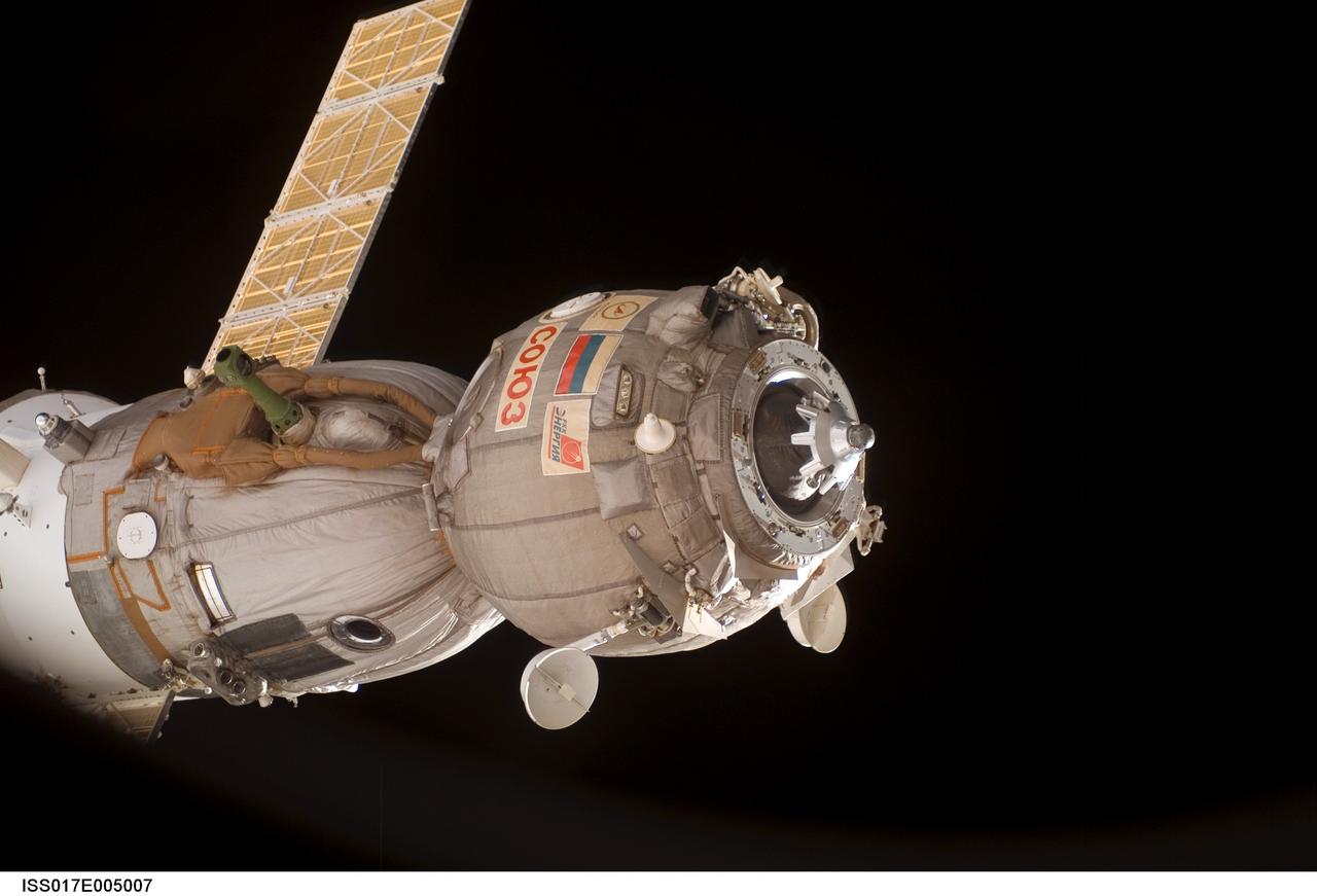 ISS017-E-005007 (19 April 2008) --- Backdropped by the blackness of space, the Soyuz TMA-11 spacecraft departs from the International Space Station carrying NASA astronaut Peggy Whitson, Expedition 16 commander; Russian Federal Space Agency cosmonaut Yuri Malenchenko, flight engineer and Soyuz commander; and South Korean spaceflight participant So-yeon Yi. Undocking occurred at 1:06 a.m. (EDT) on April 19, 2008.