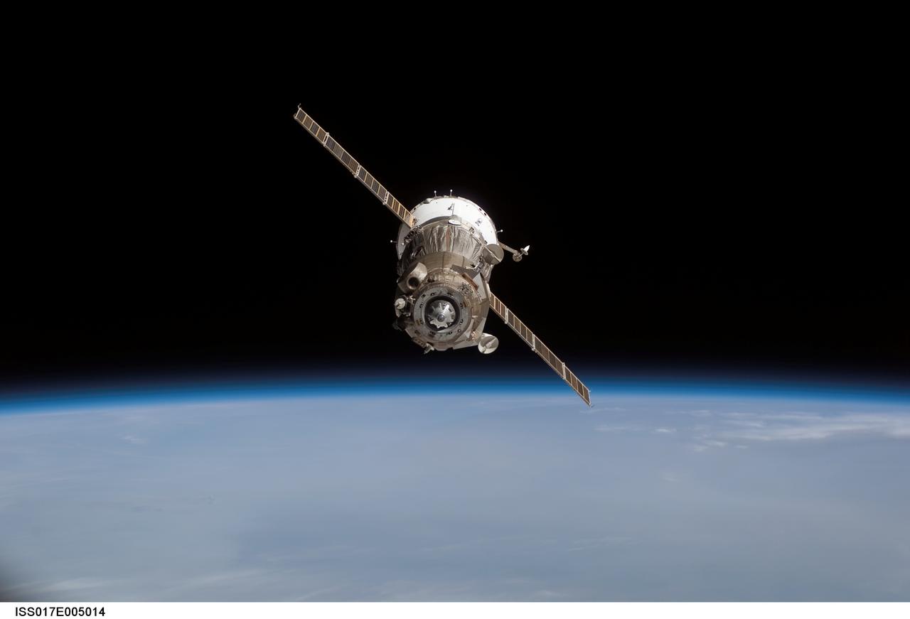 ISS017-E-005014 (19 April 2008) --- Backdropped by the blackness of space and Earth's horizon, the Soyuz TMA-11 spacecraft departs from the International Space Station carrying NASA astronaut Peggy Whitson, Expedition 16 commander; Russian Federal Space Agency cosmonaut Yuri Malenchenko, flight engineer and Soyuz commander; and South Korean spaceflight participant So-yeon Yi. Undocking occurred at 1:06 a.m. (EDT) on April 19, 2008.