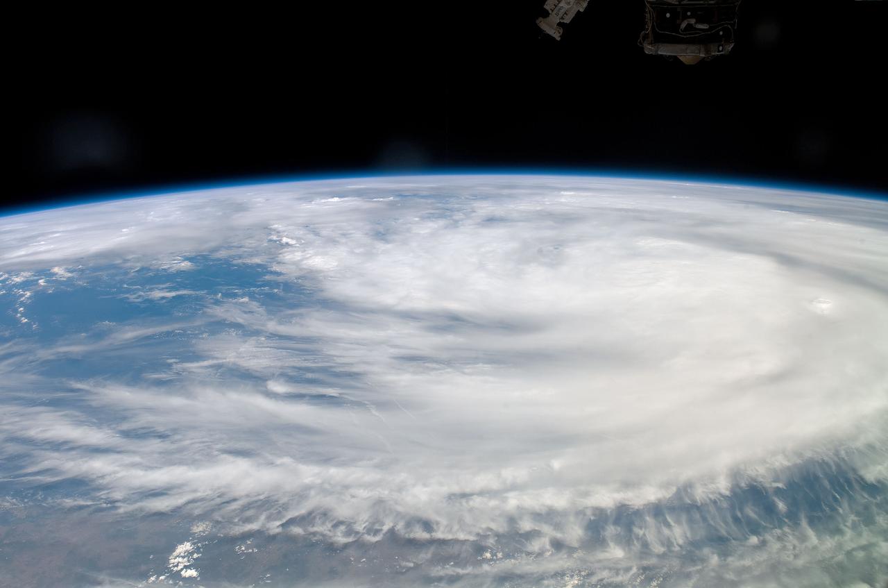 ISS017-E-005599 (29 April 2008) --- Outflow obscures the definition of the eye and center of Tropical Cyclone Nargis, seen when the storm was at approximately 13.5 degrees north latitude and  86.2 degrees east longitude with maximum winds of 74.9 miles per hour.  Photographed by a crew member aboard the International Space Station, the storm was moving east-northeast at 070 degrees at 4.6 miles per hour. This picture was made several days prior to impact at Burma.