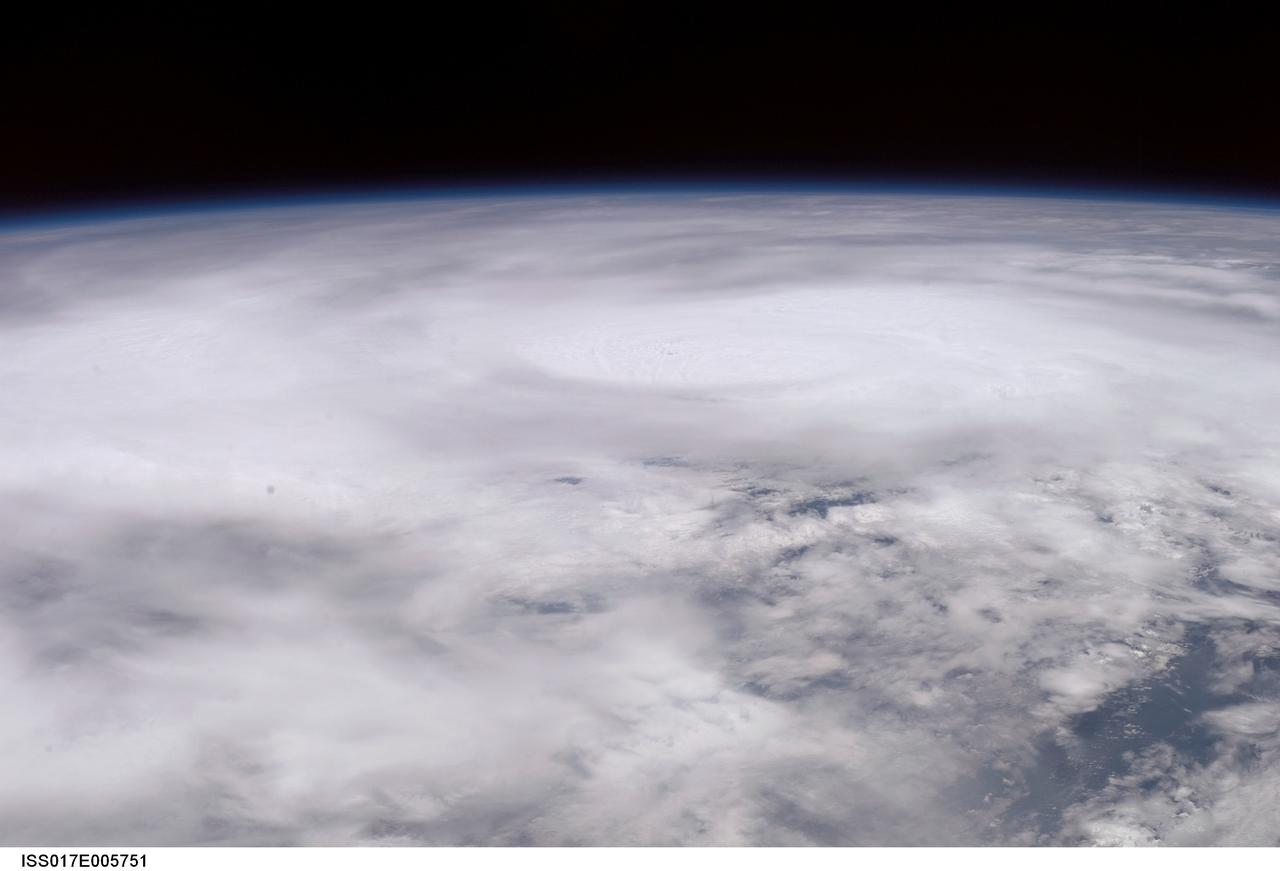 ISS017-E-005751 (30 April 2008) --- When this image was photographed by one of the crew members aboard the International Space Station, Tropical Cyclone Nargis was centered near a point located at 15.3 degrees north latitude and 88.2 degrees north longitude and moving northeast at 065 degrees at 8.1 miles per hour. The center was approximately 7 degrees southwest of Burma with sustained winds  of 74.9 miles per hour, gusting to 92.2 miles per hour, forecast to strengthen. Maximum significant wave height was 27 feet.