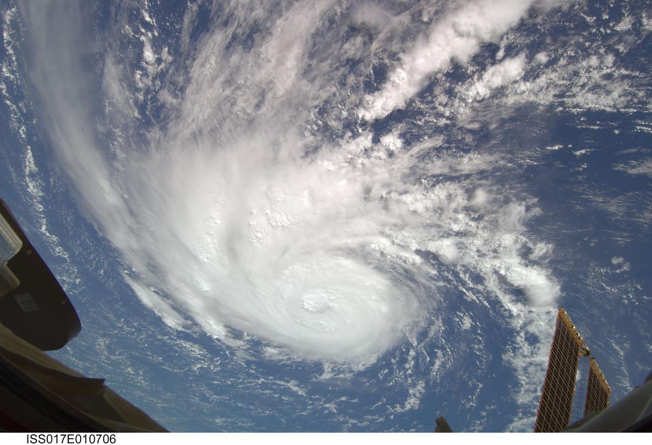 ISS017-E-010706 (9 July 2008) --- Hurricane Bertha was traveling northward at 10 knots (11.5 miles per hour) across the eastern part of the central Atlantic Ocean when this image was taken on July 9 by one of the Expedition 17 crewmembers aboard the International Space Station from a vantage point of 220 statute miles above the Earth. The sustained winds were 85 knots (97.9 miles per hour) with gusts up to 105 knots (121.0 miles per hour) and predicted to intensify. Mature and developing Cumulonimbus-type clouds are seen scattered through the cloud bands of the hurricane's system.