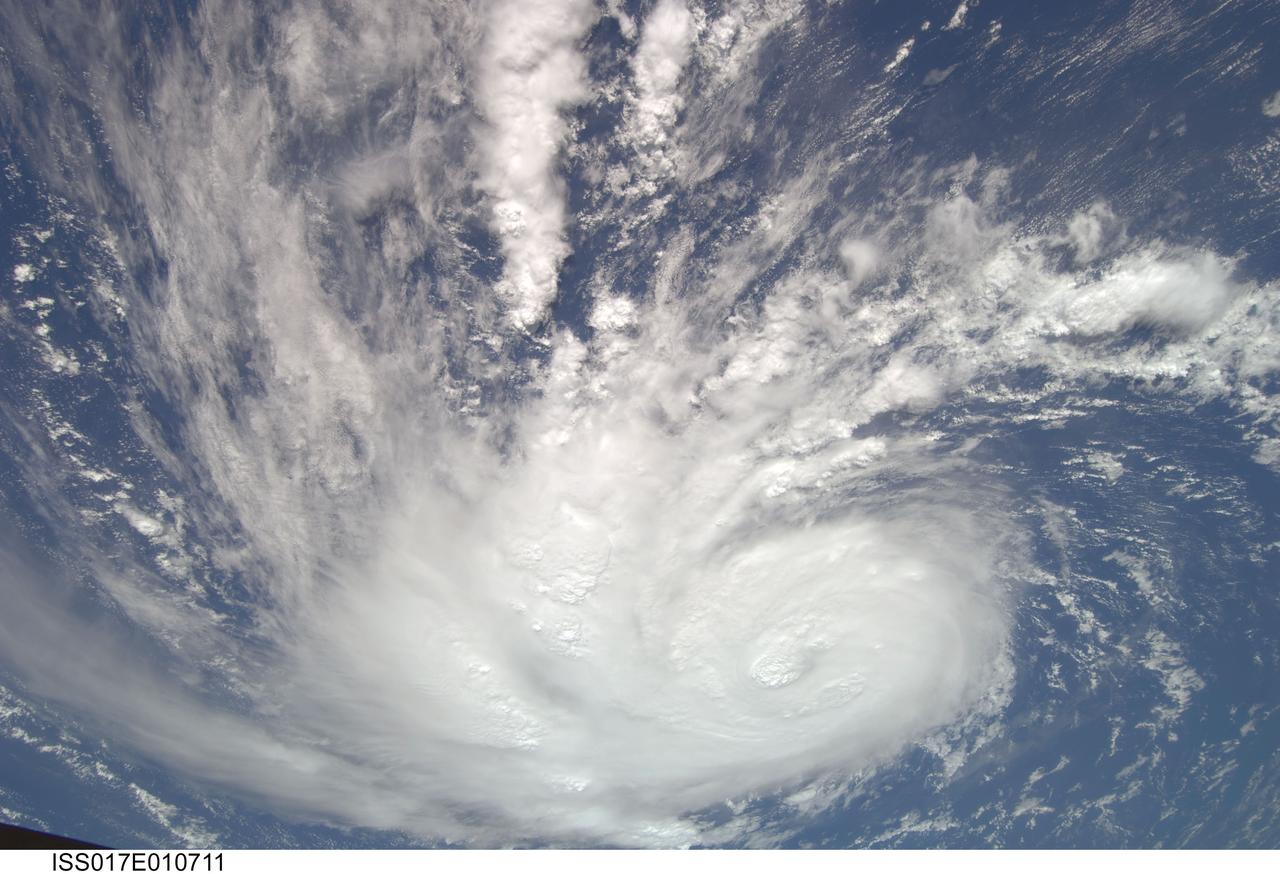 ISS017-E-010711 (9 July 2008) --- Hurricane Bertha was traveling northward at 10 knots (11.5 miles per hour) across the eastern part of the central Atlantic Ocean when this image was taken on July 9 by one of the Expedition 17 crewmembers aboard the International Space Station from a vantage point of 220 statute miles above the Earth. The sustained winds were 85 knots (97.9 miles per hour) with gusts up to 105 knots (121.0 miles per hour) and predicted to intensify. Mature and developing Cumulonimbus-type clouds are seen scattered through the cloud bands of the hurricane's system.