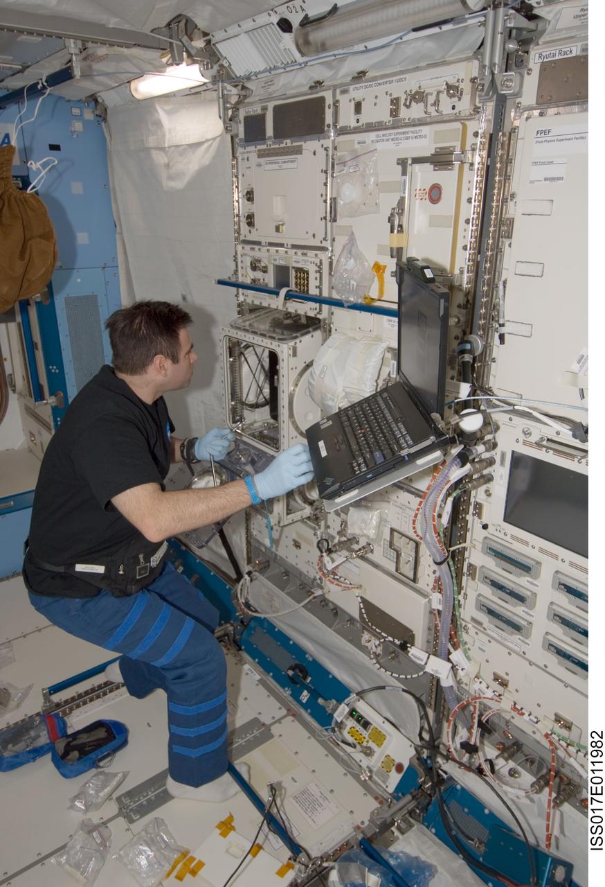 ISS017-E-011982 (30 July 2008) --- NASA astronaut Greg Chamitoff, Expedition 17 flight engineer, works with an experiment in the Kibo laboratory of the International Space Station.