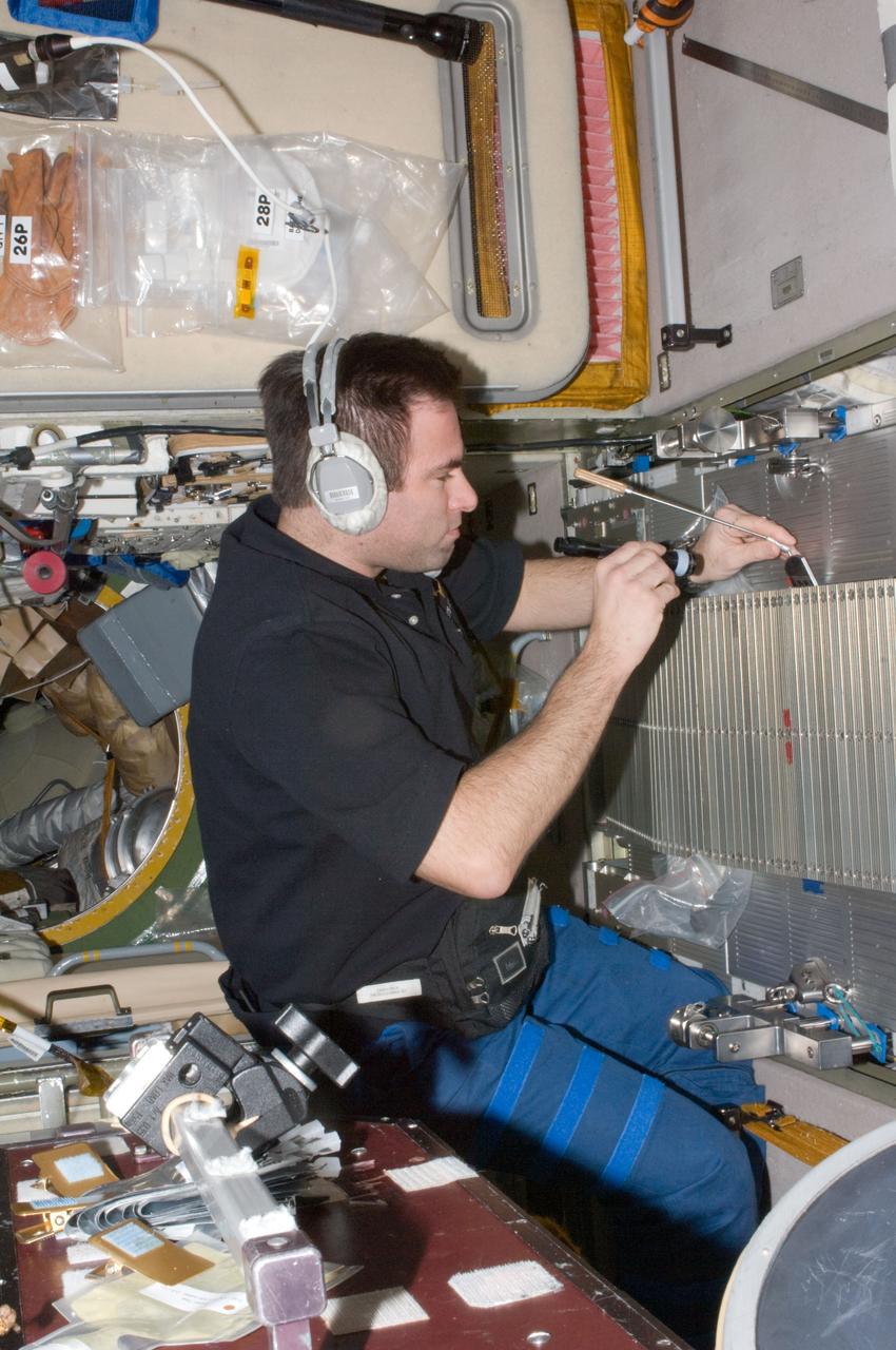 ISS017-E-012105 (1 Aug. 2008) --- NASA astronaut Greg Chamitoff, Expedition 17 flight engineer, works with the Treadmill Vibration Isolation System (TVIS) in the Zvezda Service Module of the International Space Station.