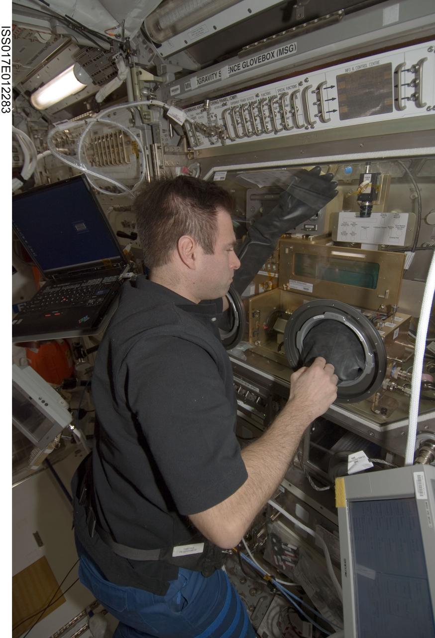 ISS017-E-012283 (31 July 2008) --- NASA astronaut Greg Chamitoff, Expedition 17 flight engineer, works with the Shear History Extensional Rheology Experiment (SHERE) rheometer inside the Microgravity Science Glovebox (MSG) in the Columbus laboratory of the International Space Station.