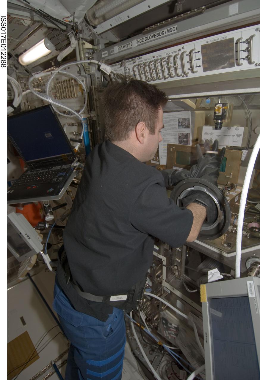 ISS017-E-012288 (31 July 2008) --- NASA astronaut Greg Chamitoff, Expedition 17 flight engineer, works with the Shear History Extensional Rheology Experiment (SHERE) rheometer inside the Microgravity Science Glovebox (MSG) in the Columbus laboratory of the International Space Station.