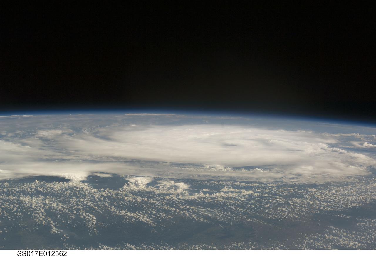 ISS017-E-012562 (4 Aug. 2008) --- Tropical Storm Edouard, as photographed from the International Space Station by one of the Expedition 17 crewmembers onboard, from a vantage point of 220 statute miles above the Earth, stirs in the Gulf of Mexico roughly 24 hours prior to landfall at a point east of Galveston, Texas.