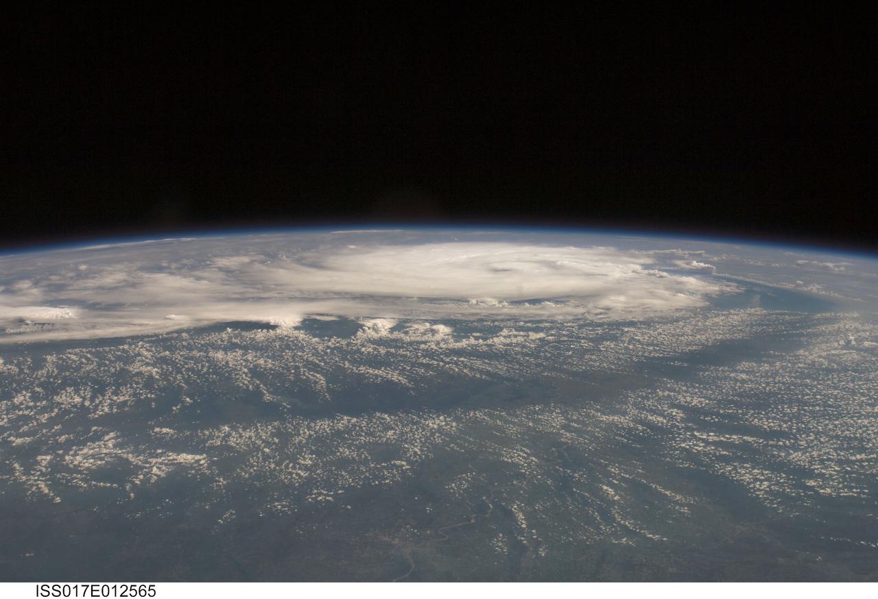 ISS017-E-012465 (4 Aug. 2008) --- Tropical Storm Edouard, as photographed from the International Space Station by one of the Expedition 17 crewmembers onboard, from a vantage point of 220 statute miles above the Earth, stirs in the Gulf of Mexico roughly 24 hours prior to landfall at a point east of Galveston, Texas