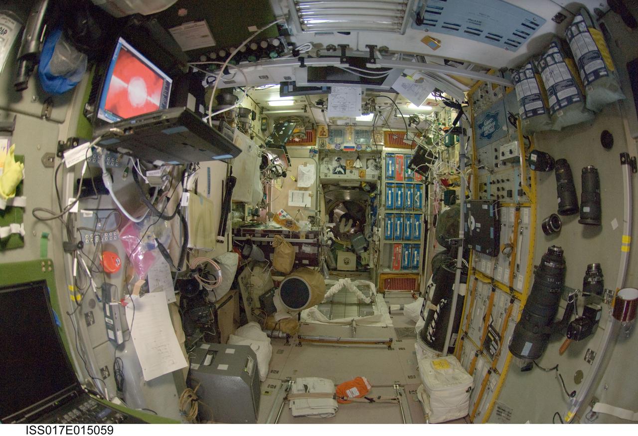 ISS017-E-015059 (27 Aug. 2008) --- An overall interior view of the Zvezda Service Module photographed by an Expedition 17 crewmember on the International Space Station.