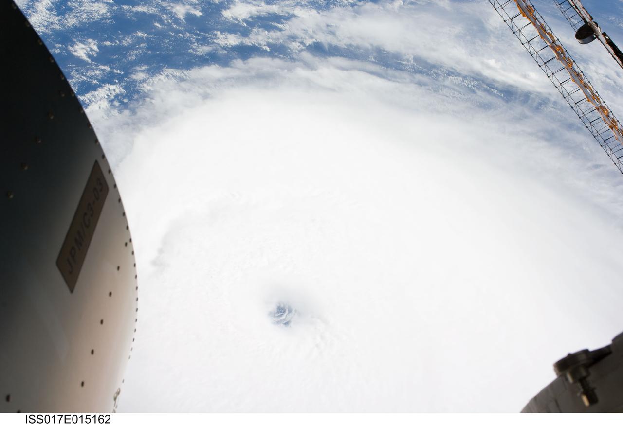 ISS017-E-015162 (4 Sept. 2008) --- Hurricane Ike was still a Category 4 storm on the morning of Sept. 4 when this photo was taken from the International Space Station's vantage point of 220 miles above the Earth. The season's ninth named storm was churning west-northwestward through the mid-Atlantic Ocean sporting winds of 120 nautical miles per hour with gusts to 145.