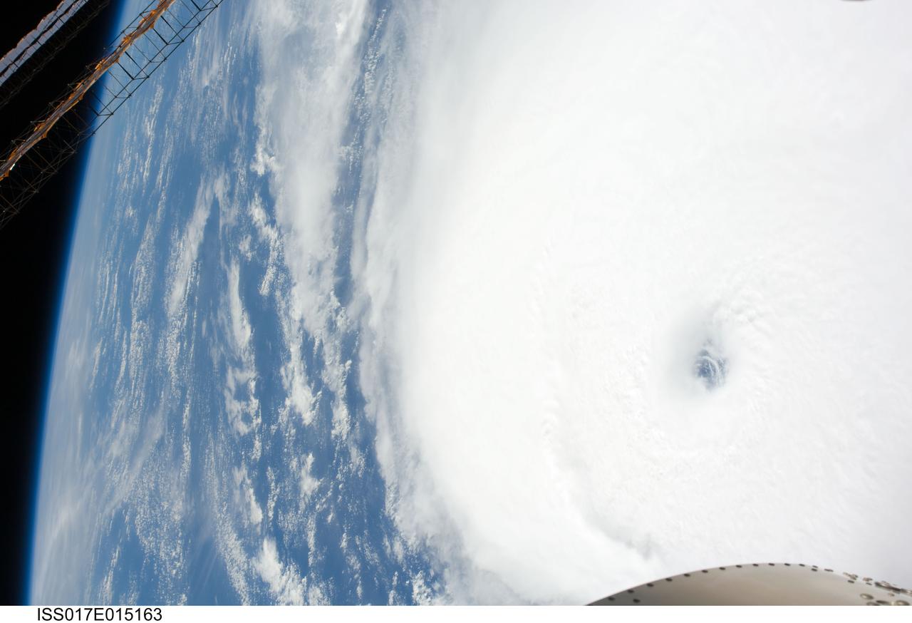 ISS017-E-015163 (4 Sept. 2008) --- Hurricane Ike was still a Category 4 storm on the morning of Sept. 4 when this photo was taken from the International Space Station's vantage point of 220 miles above the Earth. The season's ninth named storm was churning west-northwestward through the mid-Atlantic Ocean sporting winds of 120 nautical miles per hour with gusts to 145.