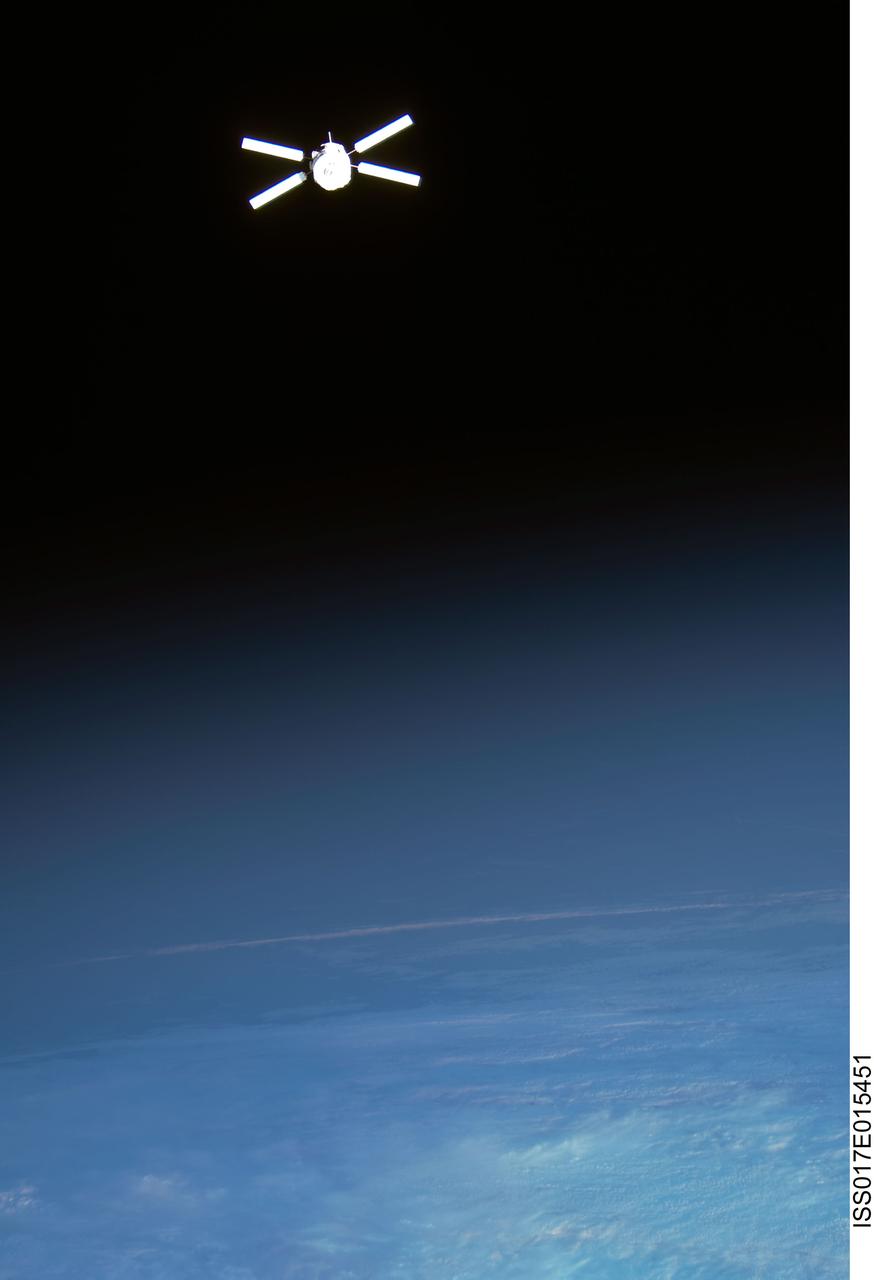ISS017-E-015451 (5 Sept. 2008) --- Backdropped by Earth's horizon and the blackness of space, European Space Agency's (ESA) "Jules Verne" Automated Transfer Vehicle (ATV) begins its relative separation from the International Space Station. The ATV undocked from the aft port of the Zvezda Service Module at 4:29 p.m. (CDT) on Sept. 5, 2008 and was placed in a parking orbit for three weeks, scheduled to be deorbited on Sept. 29 when lighting conditions are correct for an ESA imagery experiment of reentry.