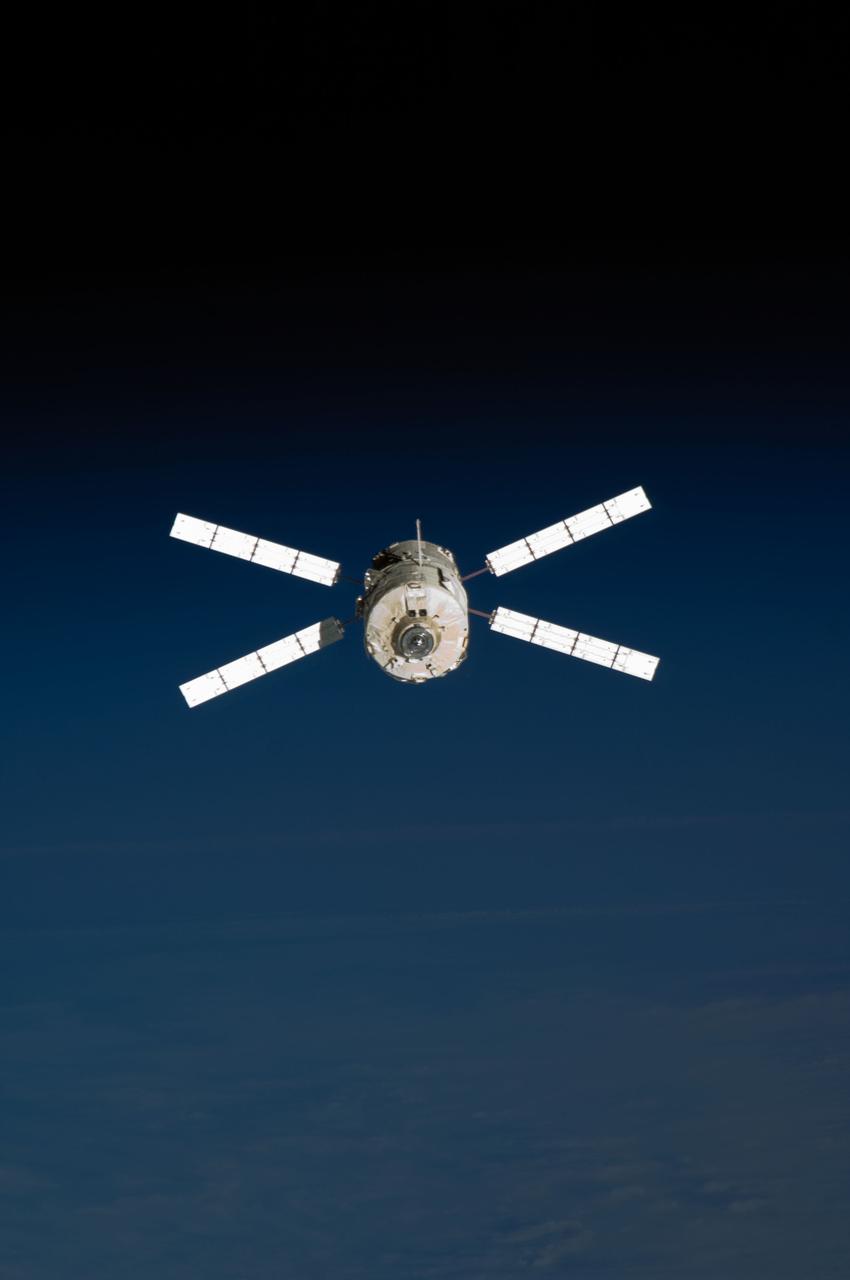 ISS017-E-015468 (5 Sept. 2008) --- Backdropped by the blackness of space, European Space Agency's (ESA) "Jules Verne" Automated Transfer Vehicle (ATV) begins its relative separation from the International Space Station. The ATV undocked from the aft port of the Zvezda Service Module at 4:29 p.m. (CDT) on Sept. 5, 2008 and was placed in a parking orbit for three weeks, scheduled to be deorbited on Sept. 29 when lighting conditions are correct for an ESA imagery experiment of reentry.