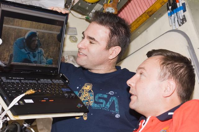 NASA image: ISS Expedition 18 Lonchakov and Chamitoff in the Service Module (SM)